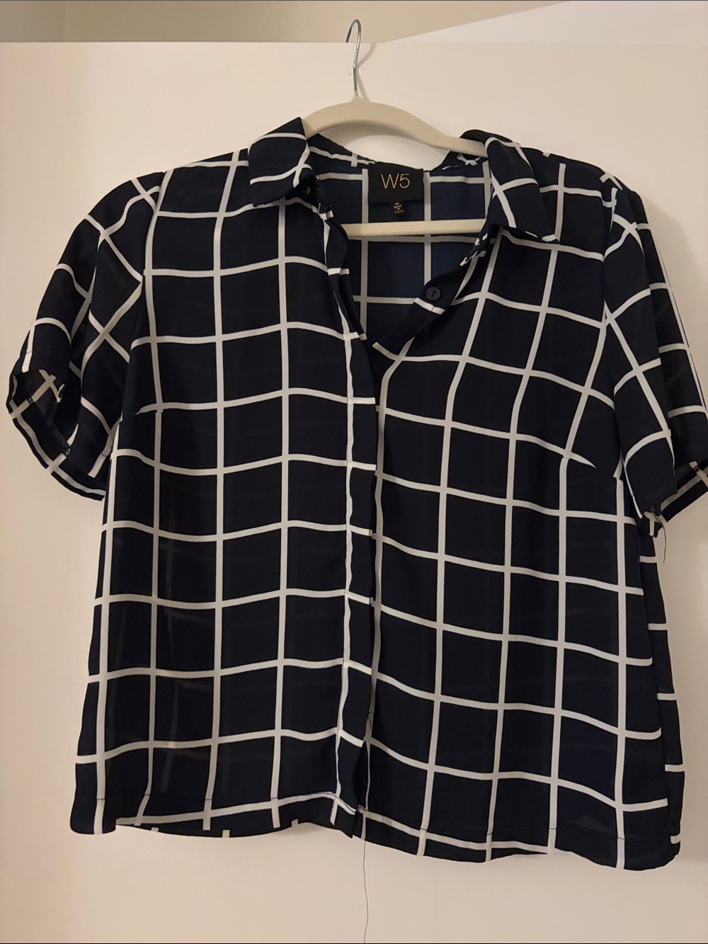 W5 Navy and White Windowpane Short Sleeve Button-Down Top